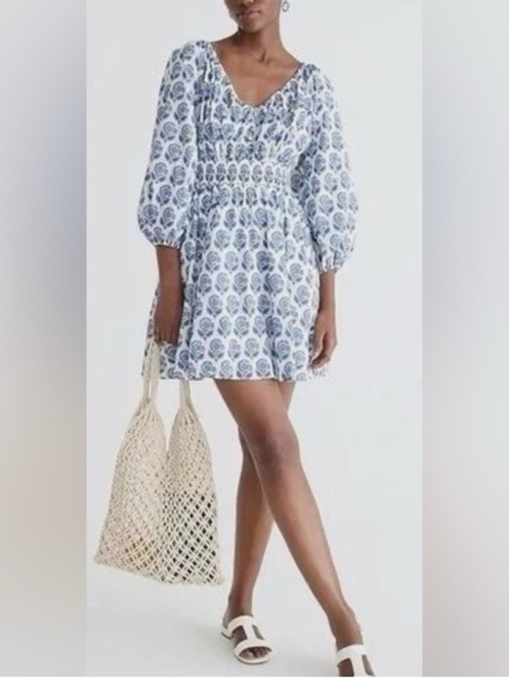 J. Crew White and Navy Printed Mini Dress